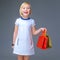 Happy modern girl in white dress on grey showing shopping bags