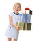 Happy modern girl on white showing pile of Christmas gifts