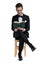 Happy modern guy in tuxedo reading book and smiling