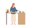 Happy modern housewife cooking food at kitchen vector flat illustration. Smiling woman preparing meal on stove isolated