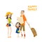 Happy modern urban tourist family with ready for vacation cartoon illustration