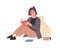 Happy modern young woman reading book sitting on floor. Smart female reader in glasses enjoying literature or studying