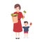 Happy mom and little son holding fruits and vegetables. Smiling mother and her child carry healthy food. Cute flat