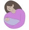 happy mom in a pink sweater holds her baby in a purple blanket