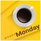 Happy Monday with top view of a cup of coffee on yellow background