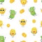 Happy money cartoon characters - seamless pattern. Green dollar bill and golden coin smiling and laughing