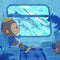 Happy Monkey Boy watching dolphin through underwater window illustration