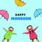 Happy Monsoon Poster Design With Cheerful Kids Wearing Raincoat And Colorful Umbrella On Cyan