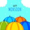 Happy Monsoon Poster Design With Colorful Umbrella, Clouds And Drops On Cyan