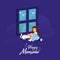 Happy Monsoon Poster Design with Cute Girl Character Holding Her Pet (Cat) in Sitting Pose Near Window on Purple