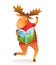 Happy Moose or Elk Reading Book in Winter Clothes