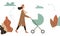 Happy mother on autumn walk with newborn in stroller. Woman pushing pram with child in park. Young mom with baby in pushchair