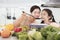 Happy mother and child Smelling Aroma from Saucepan