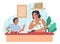 Happy mother cleaning house together with son, flat vector illustration. Parent child relationship, parenting.