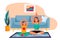 Happy mother and daughter do yoga exercises. Vector illustration. Family sport, leisure lifestyle and time at home