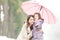 Happy mother and daughter in park in rain.