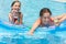 Happy mother and daughter swimming in pool