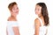 Happy mother and daughter teenager girl isolated over white background behind rear view