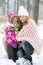 Happy Mother and Daughter Walking in Snowy Forest, Pastel Pink Merino Wool Giant Blanket, Cold Weather