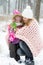 Happy Mother and Daughter Walking in Snowy Forest, Pastel Pink Merino Wool Giant Blanket, Cold Weather