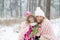 Happy Mother and Daughter Walking in Snowy Forest, Pastel Pink Merino Wool Giant Blanket, Cold Weather