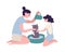 Happy mother and daughter washing cat at home. Funny mom and little girl taking care of domestic animal or pet. Daily