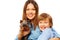 Happy mother with her son and Yorkshire Terrier