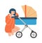 Happy mother with pram. Mom crouched in stroller with newborn. Vector illustration character smiling women