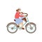 Happy mother riding a bicycle with little boy on front Child Bike Seat, Baby Carrier Seat. Happy family on bicycle