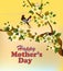 Happy Mother`s Day background with flowers on the tree, two birdies.