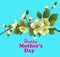 Happy Mother`s Day background with flowers on the tree, two birdies.