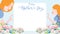 Happy mother`s day banner. Child daughter congratulates mom playing and smiling happiness together with hands showing heart shape