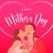 Happy mother`s day cartoon daughter kissing mom and holding carnation flower