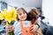 Happy mother's day. Close up portrait of smiling child boy hugging his mother after he congratulates mom and gives