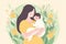 Happy mother\'s day concept with mom hug baby illustration with yellow background, Generative AI