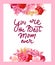 Happy Mother's Day Greeting Card. Composition with lettering and flowers, tulips, roses.