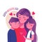 Happy Mother's Day greeting card template. Smiling mom hugs her children. Mom cuddling daughter and son