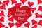 Happy Mother`s Day greeting on glitter heart with red hearts on white fabric