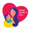 Happy Mother`s Day Greeting. A happiness Mother hugging daughter in arm on LOVE shape background.