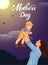 Happy mother`s day greeting. Loving Mother rising his son up and makes him smile. Family holiday and togetherness. vector