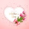 Happy mother`s day heart shape card banner pink elegant tulip flower and cute ribbon