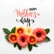 Happy Mother`s Day Living Coral Pantone Color Background. Coral flat lay greeting card with beautiful gerbera flowers.