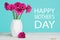 Happy Mother`s Day Pastel Candy Blue Coloured Background with Dark pink gerberas