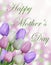 Happy Mother\'s day text with pink purple and white tulips and abstract bokeh background