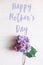 Happy Mother`s Day text sign on purple a beautiful hydrangea flower on rustic white wood, flat lay. Stylish floral greeting card