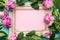 Happy Mother`s Day, Women`s Day or Birthday Flat Lay Background. Beautiful wooden vintage picture frame, fresh pink roses.