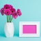 Happy Mother`s Day, Women`s Day, Valentine`s Day or Birthday Background. Beautiful dark pink gerbera daisies in a vase.