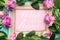 Happy Mother`s Day, Women`s Day, Valentine`s Day or Birthday Flat Lay Background. Beautiful picture frame, fresh pink roses.