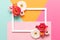 Happy Mother`s Day, Women`s Day, Valentine`s Day or Birthday Pastel Colored Background. Multicolored flat lay mock up.