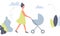 Happy mother on a walk with newborn in stroller. Woman pushing pram with child in park. Young mom with baby in pushchair isolated